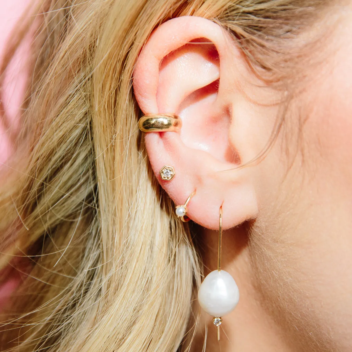 14k Tiny Pearl Thin Huggie Hoops