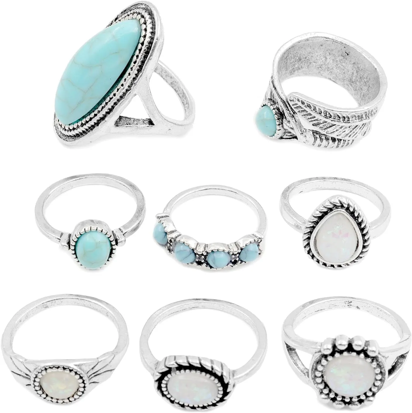 8 Pcs Bohemian Joint Knuckle Rings Set for Women,Oval Turquoise Finger Ring Opal Gemstone Teardrop Midi, Punk Leaf Index Ring Party Daily Gift