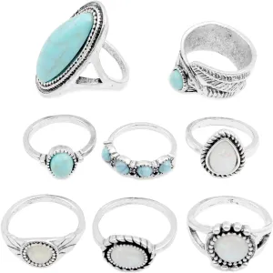 8 Pcs Bohemian Joint Knuckle Rings Set for Women,Oval Turquoise Finger Ring Opal Gemstone Teardrop Midi, Punk Leaf Index Ring Party Daily Gift