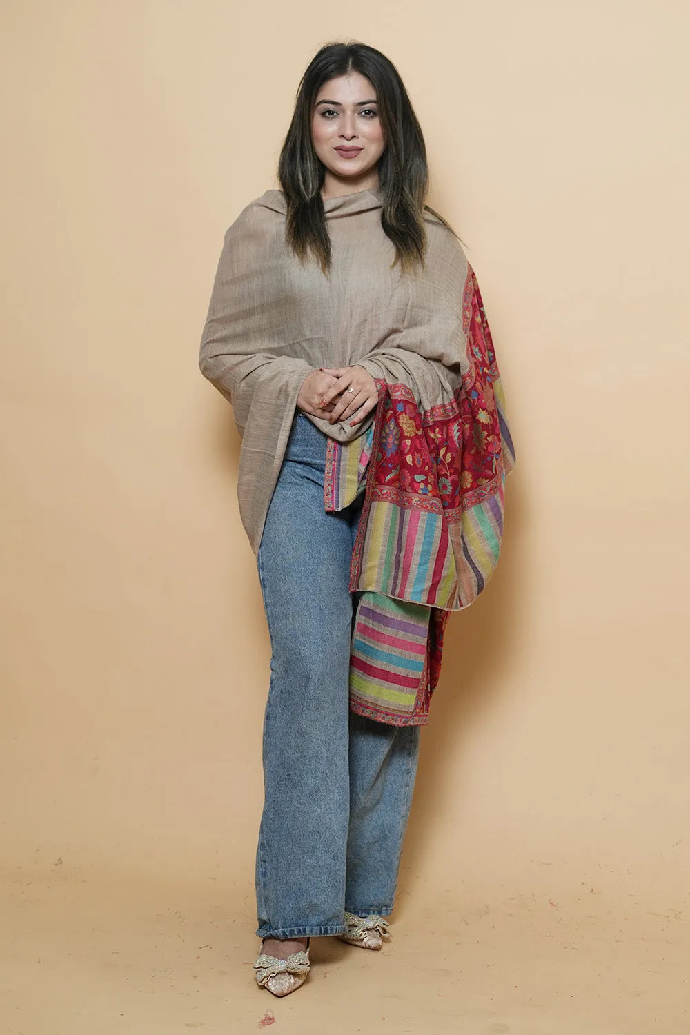 Beige  Colour Kani Shawl With Kani Style Bold And Dense Border Gives Rich And beautiful Look.