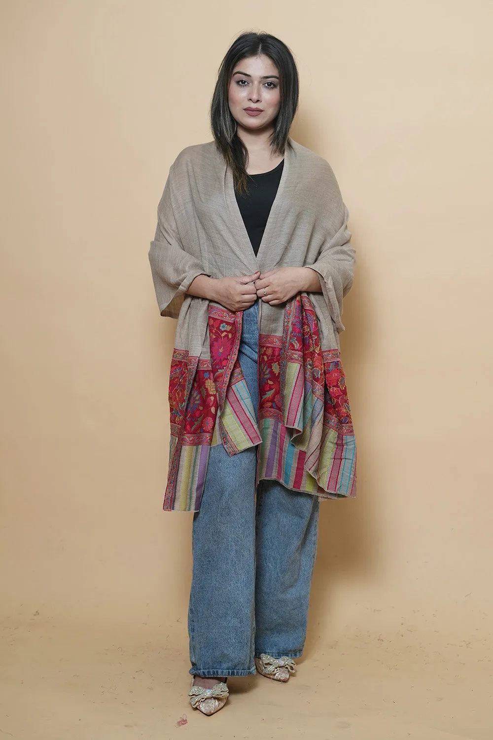 Beige  Colour Kani Shawl With Kani Style Bold And Dense Border Gives Rich And beautiful Look.