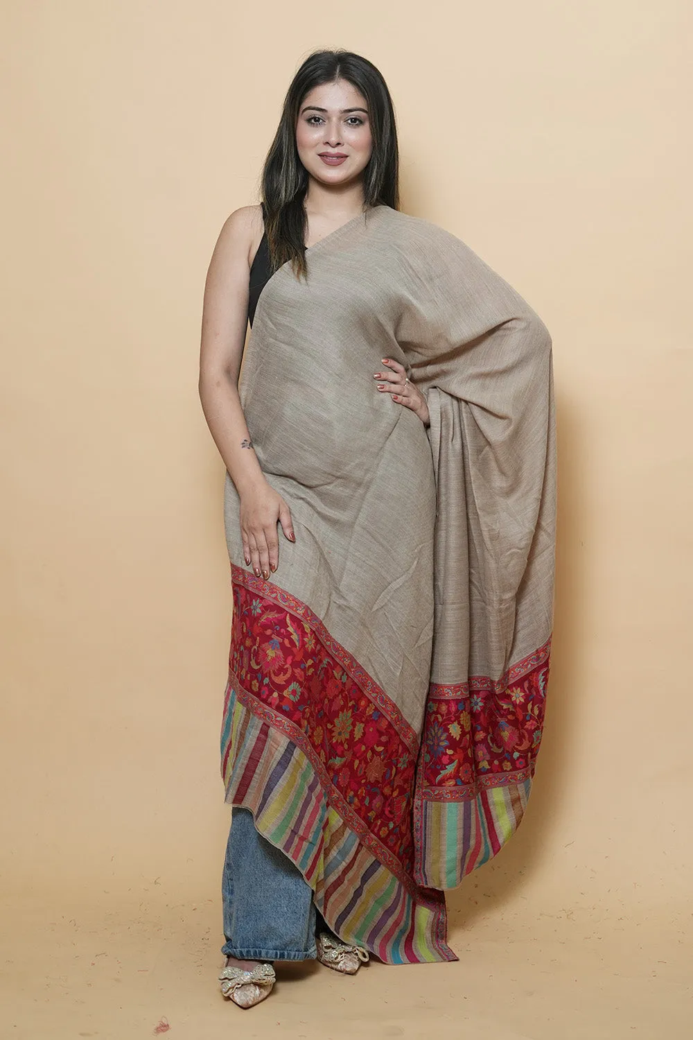 Beige  Colour Kani Shawl With Kani Style Bold And Dense Border Gives Rich And beautiful Look.