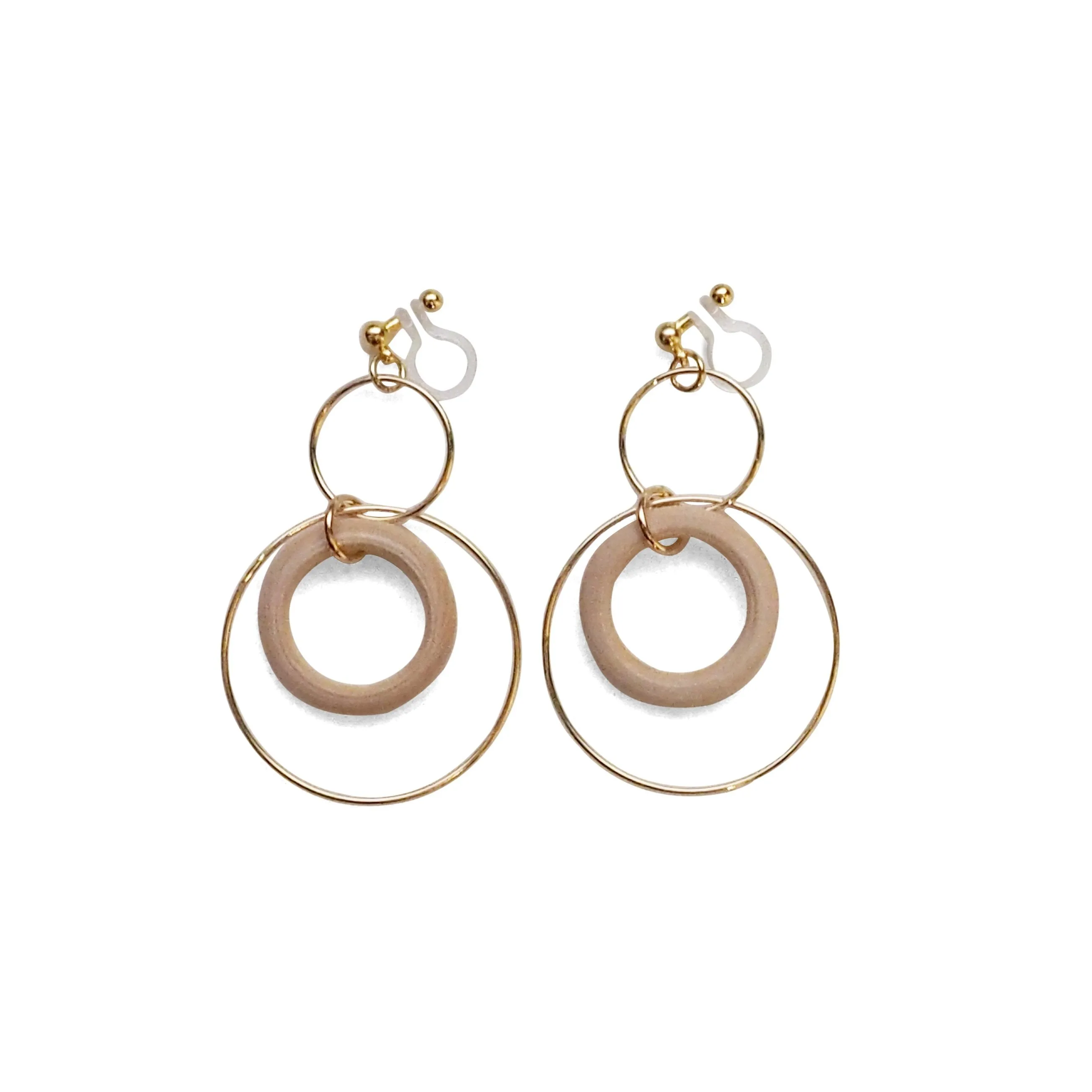 Beige wood hoop invisible clip on earrings