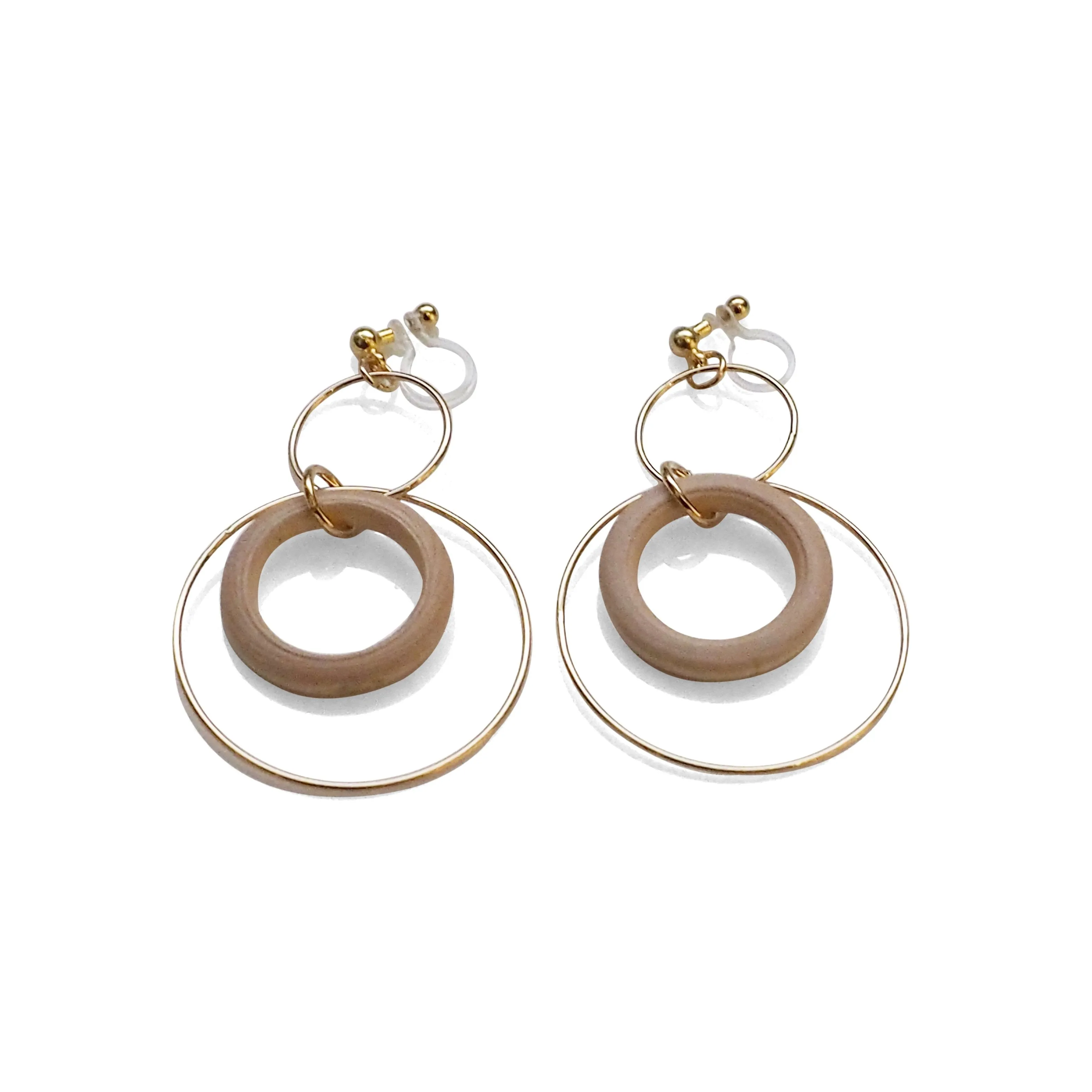 Beige wood hoop invisible clip on earrings