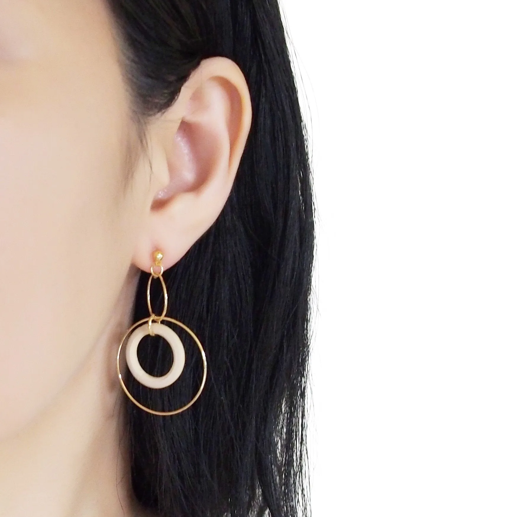 Beige wood hoop invisible clip on earrings