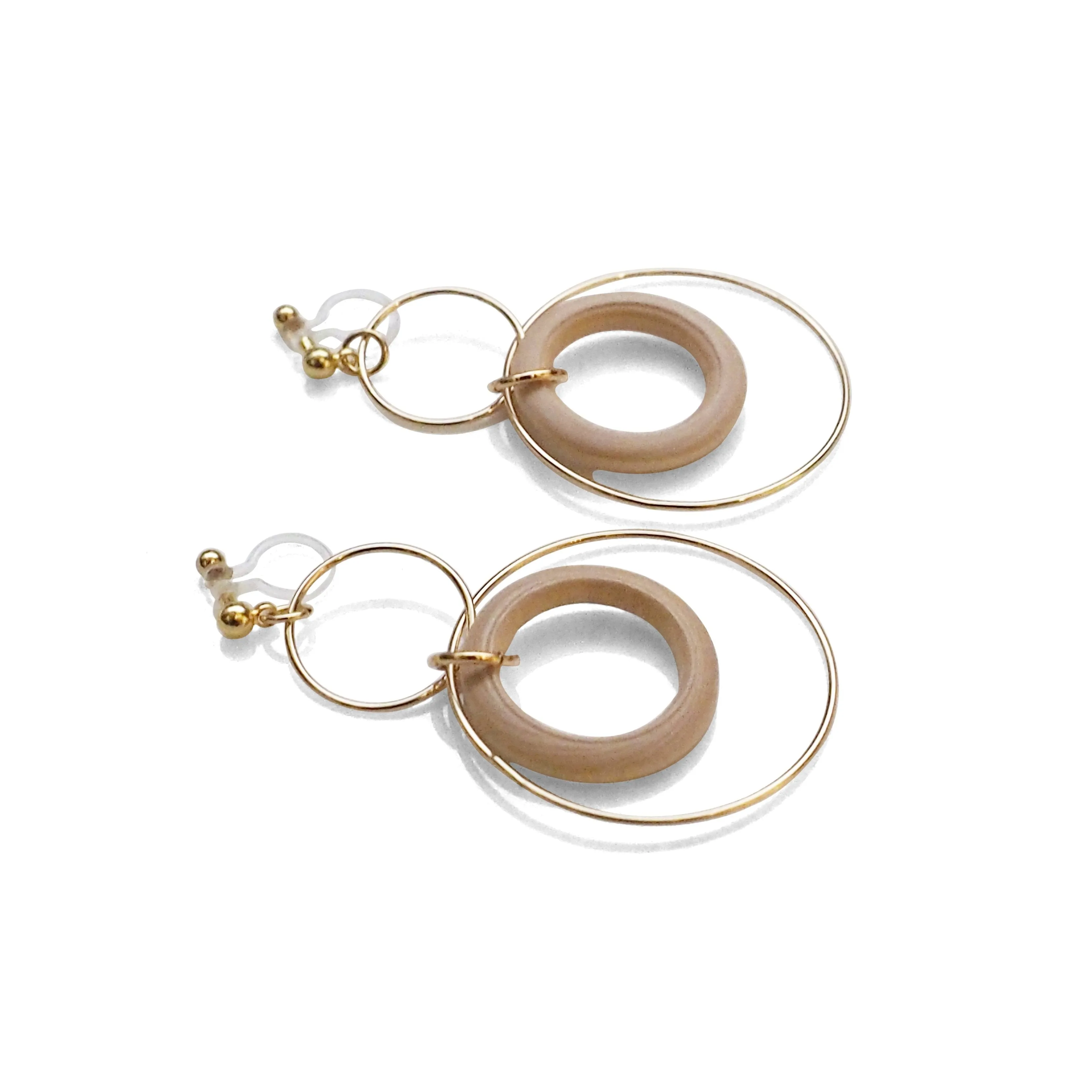 Beige wood hoop invisible clip on earrings