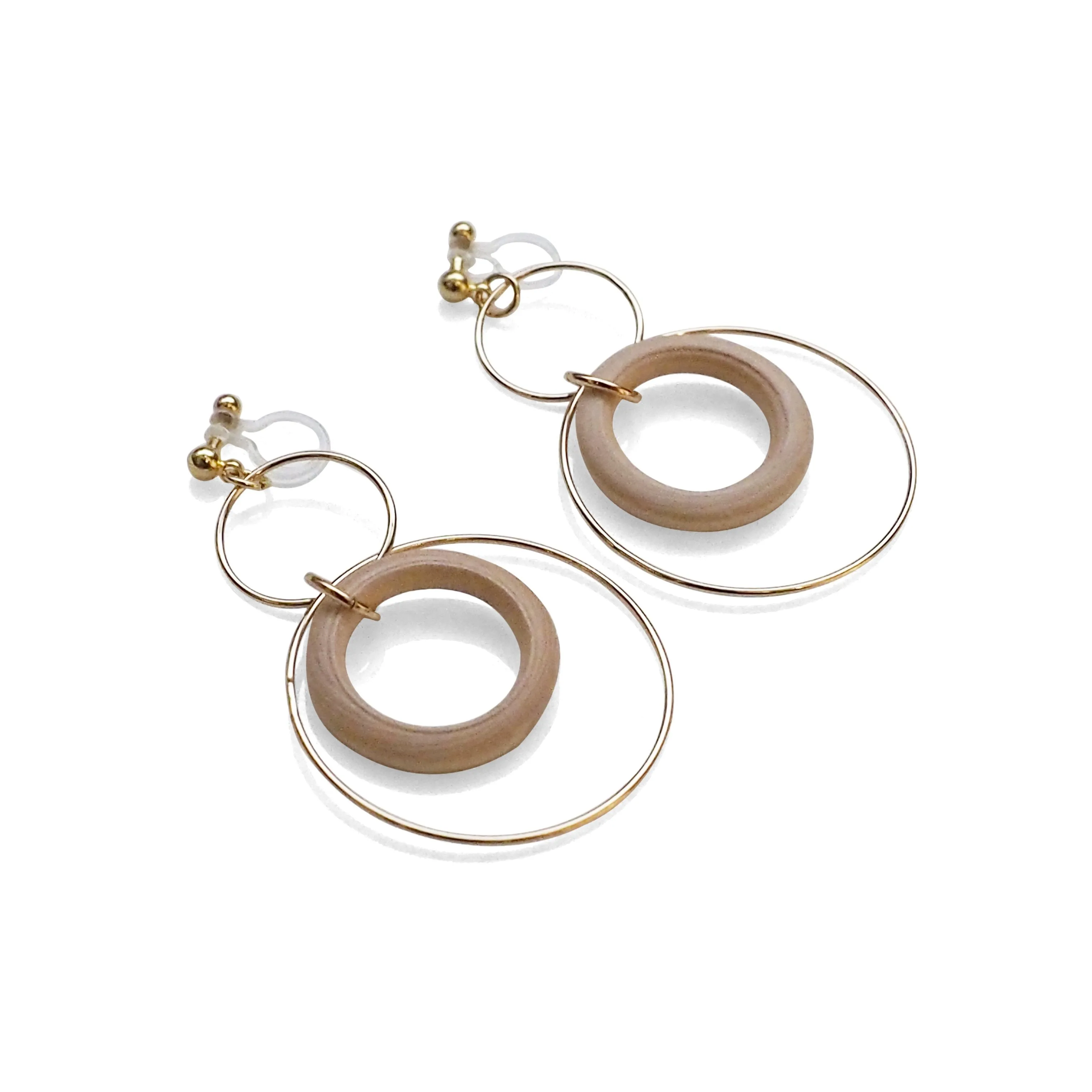 Beige wood hoop invisible clip on earrings