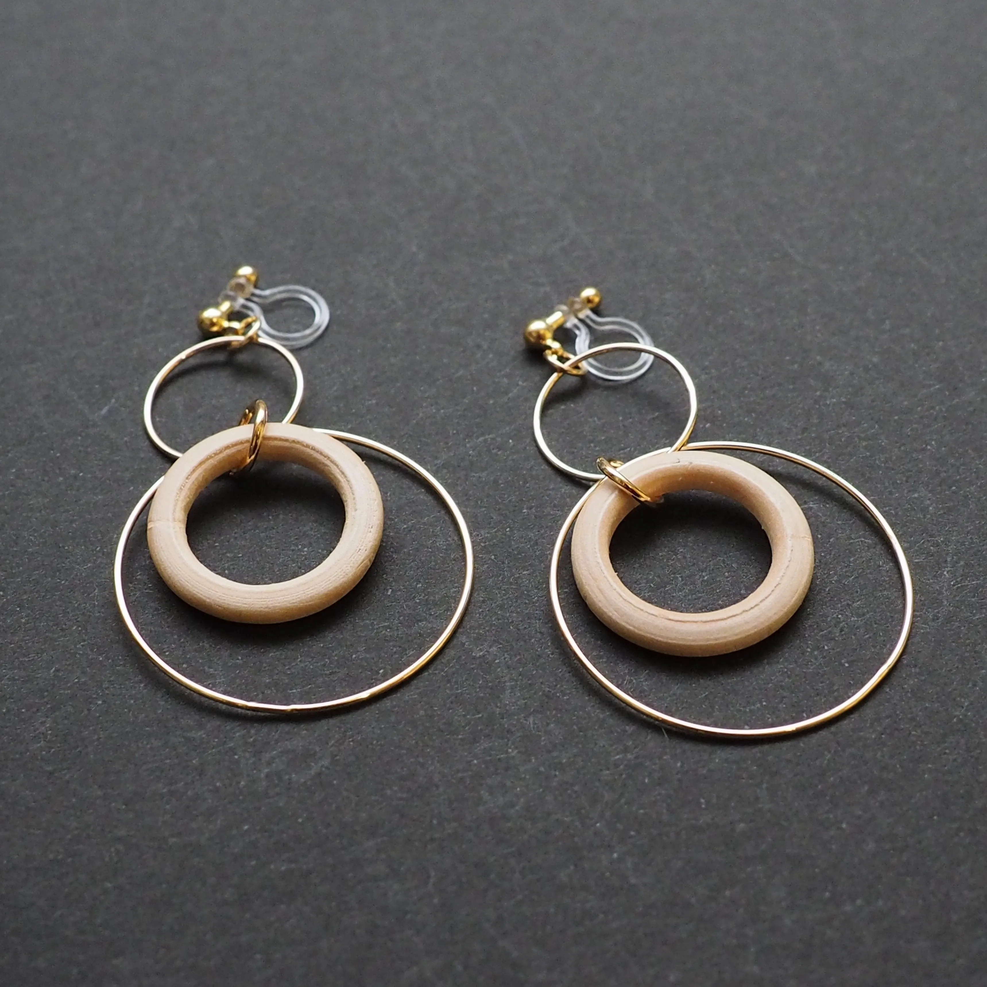 Beige wood hoop invisible clip on earrings