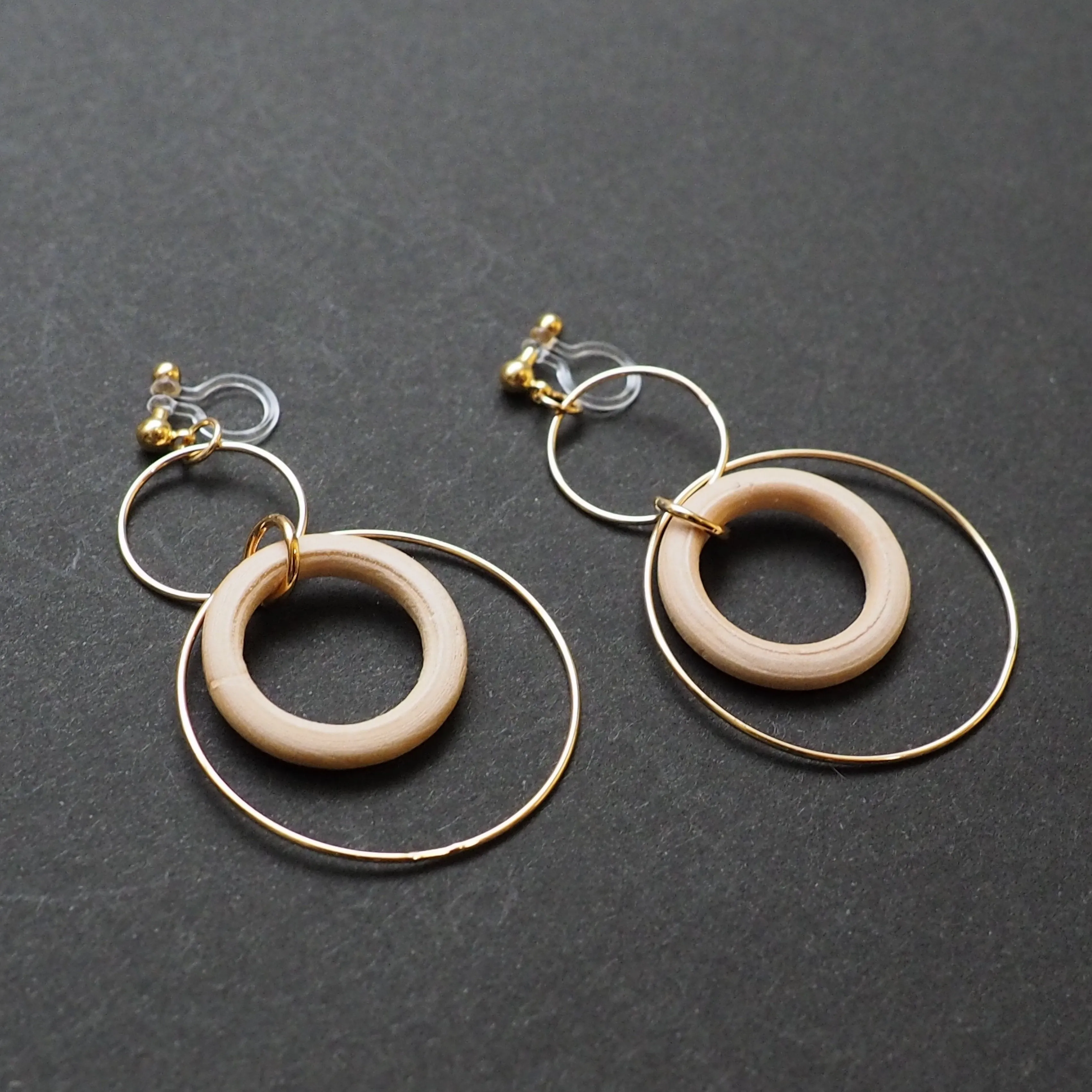 Beige wood hoop invisible clip on earrings