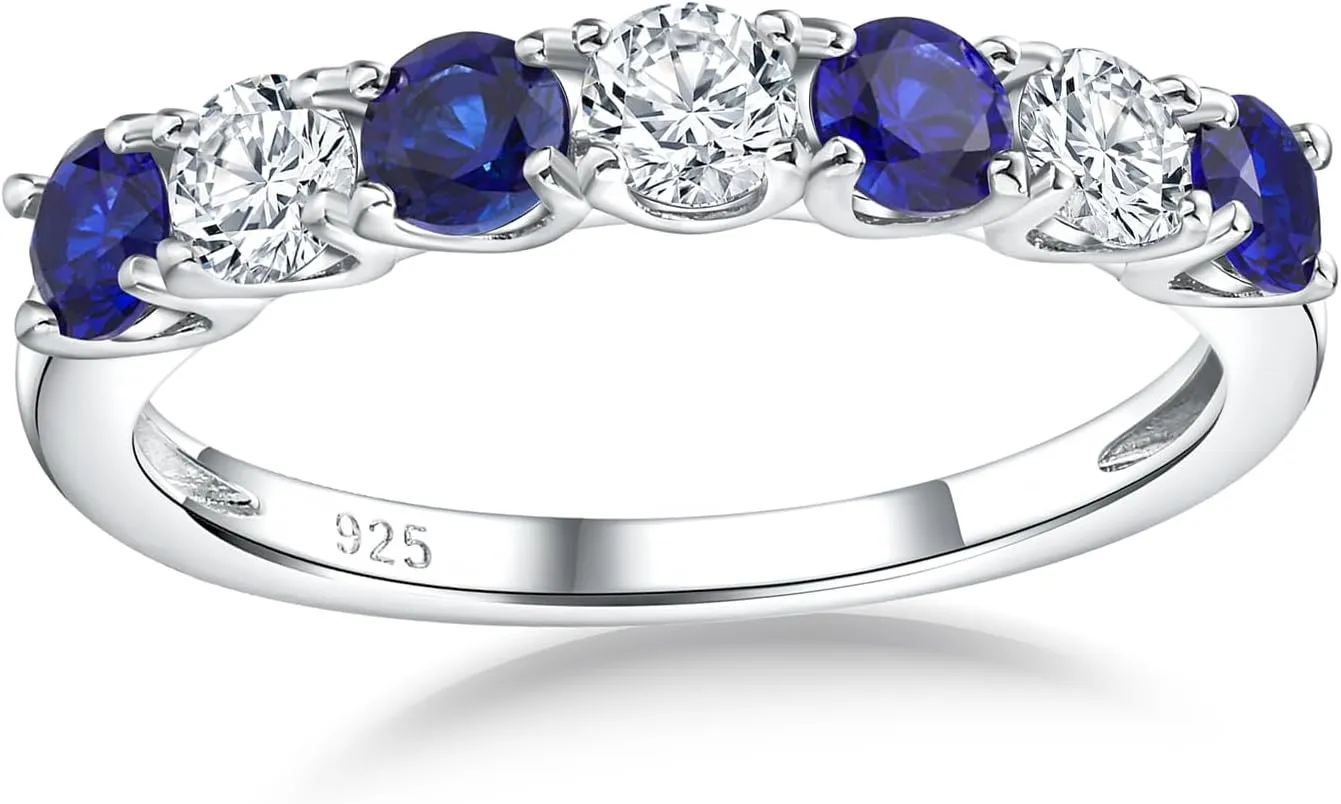 Birthstone Wedding Band Eternity Rings 925 Sterling Silver Rings Stackable Anniversary Engagement Rings Cubic Zirconia Inlaid Created Garnet/Amethyst/Sapphire Ring 7 Stone Ring, Size 6 to 10