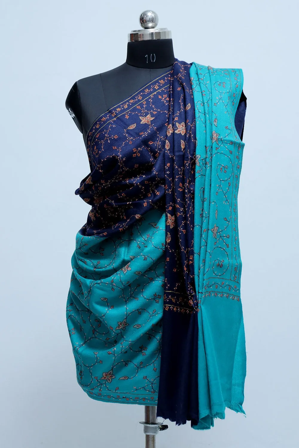 Blue Colour Kashmiri Sozni Work Shawl With Running Jaal Pattern