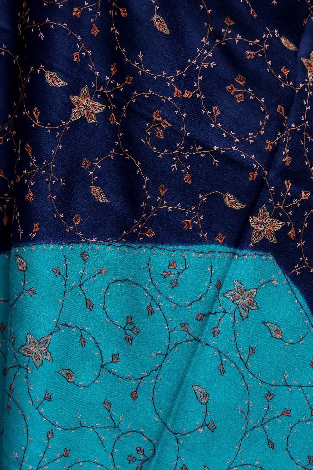 Blue Colour Kashmiri Sozni Work Shawl With Running Jaal Pattern