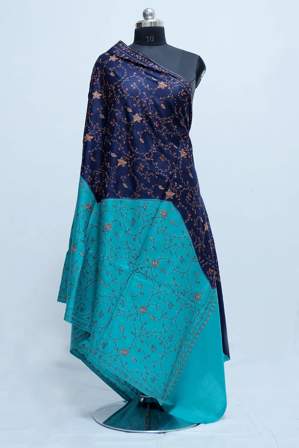 Blue Colour Kashmiri Sozni Work Shawl With Running Jaal Pattern