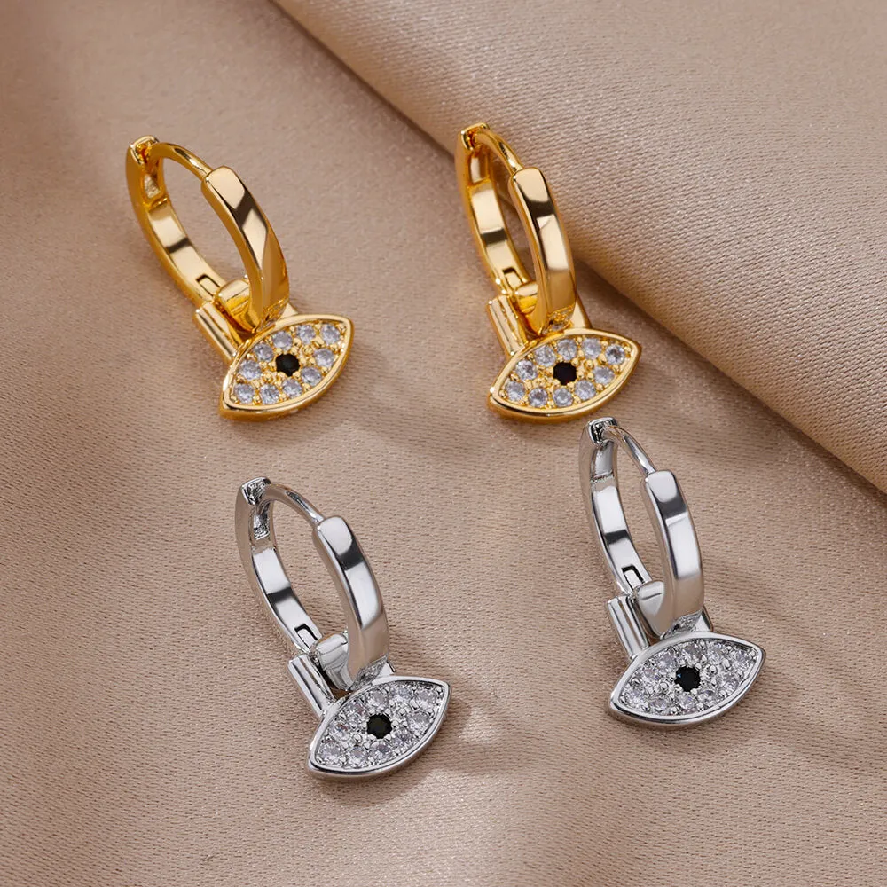 Evil Eyes Gold Color Hoop Earrings Set Metal Dangle Copper Zircon Earring