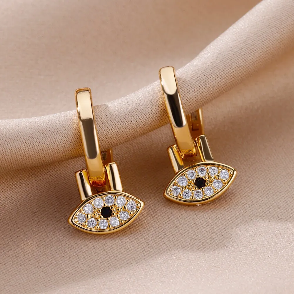 Evil Eyes Gold Color Hoop Earrings Set Metal Dangle Copper Zircon Earring