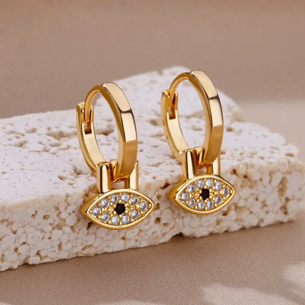 Evil Eyes Gold Color Hoop Earrings Set Metal Dangle Copper Zircon Earring