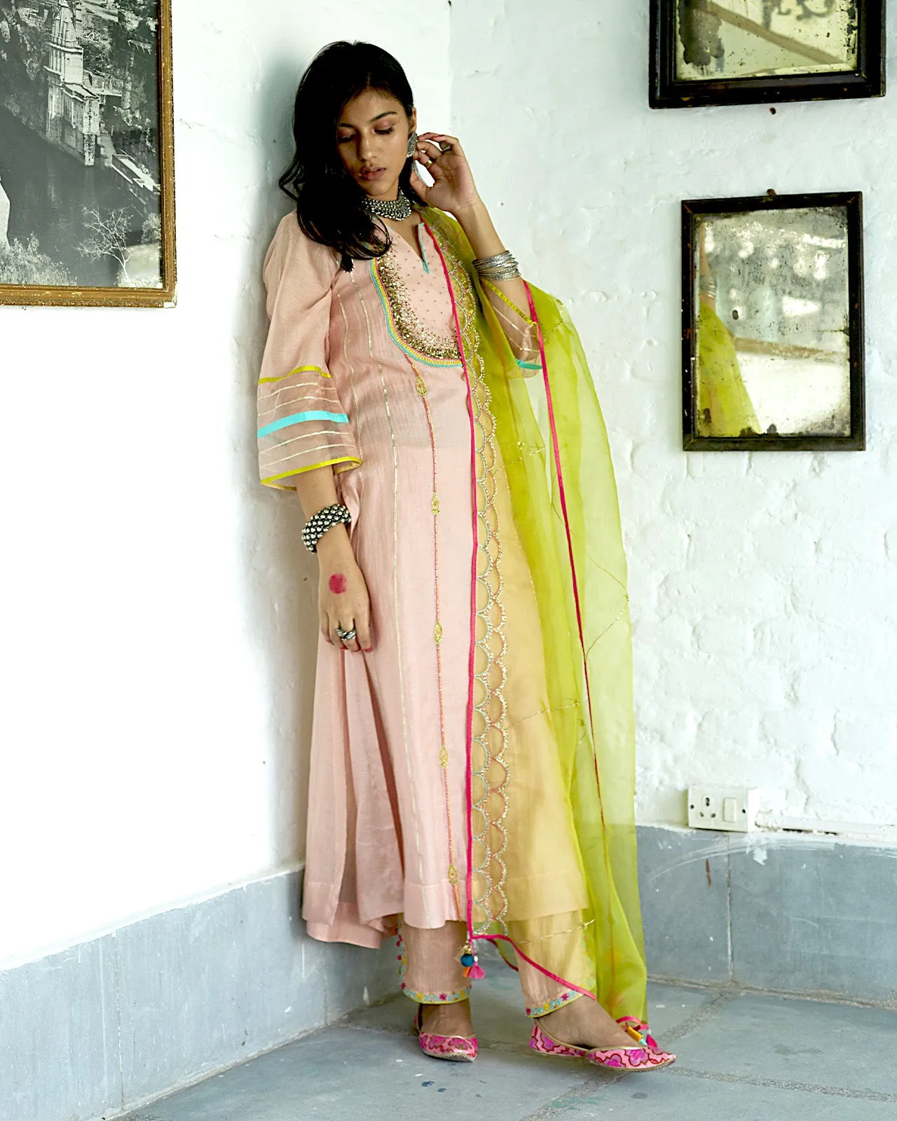Firdaus Pastel Pink Sequence Yoke Kurta Set