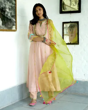 Firdaus Pastel Pink Sequence Yoke Kurta Set