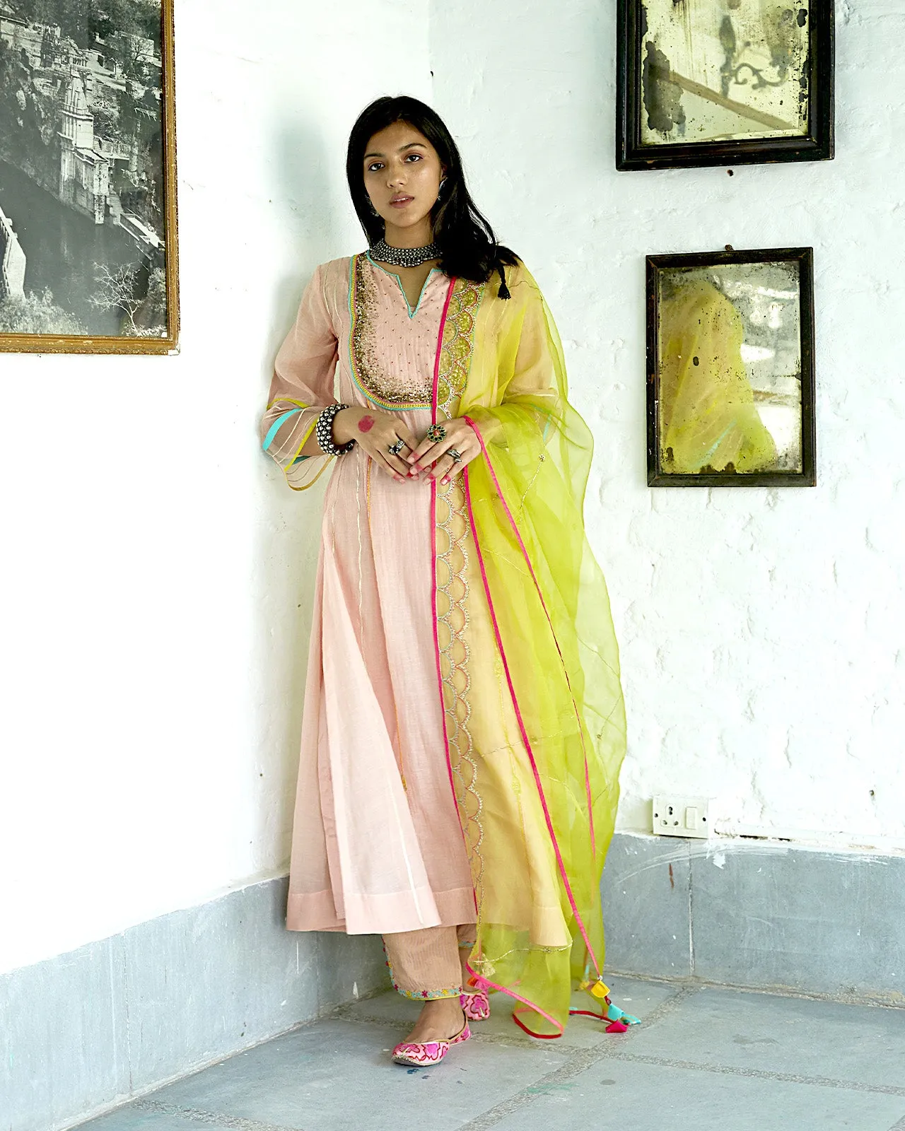 Firdaus Pastel Pink Sequence Yoke Kurta Set