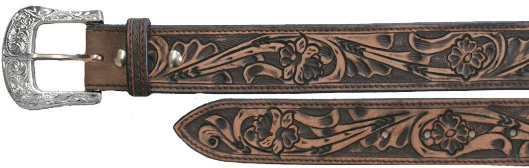 Floral Tooled Leather Men's Belt with Black Wash