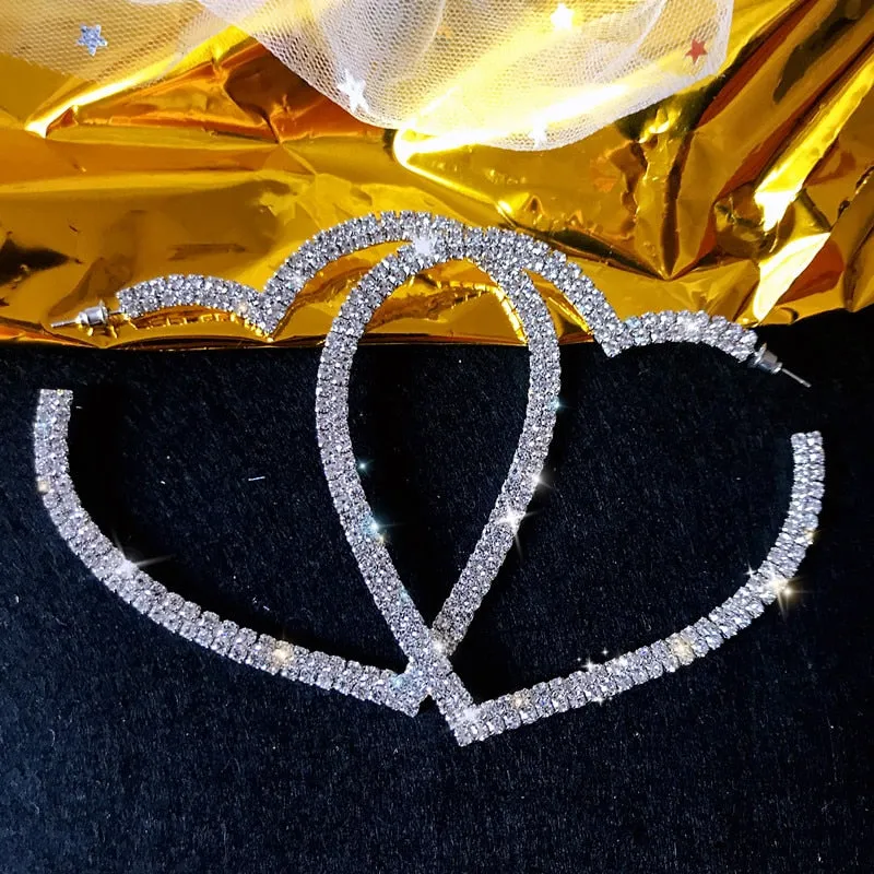 FYUAN Big Heart Crystal Hoop Earrings for Women Bijoux Geometric Rhinestones Earrings Statement Jewelry Party Gifts