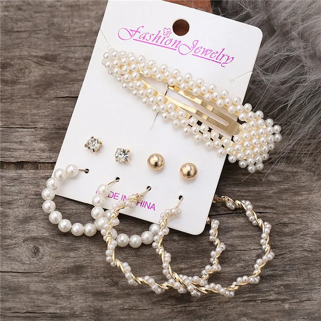 Gold and Pearl Hoop Earrings Set