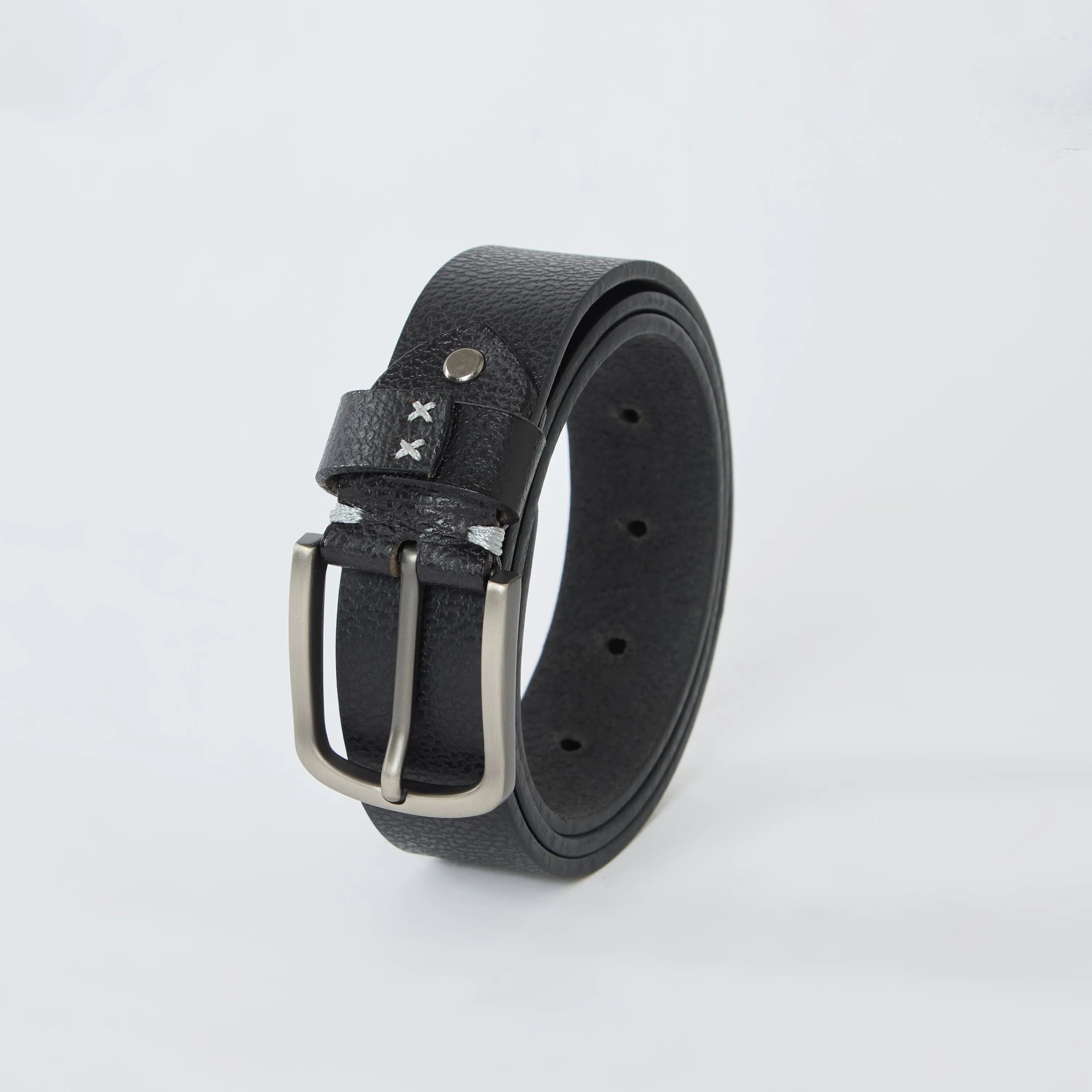 Gray Textured Genuine Leather Belt - Black