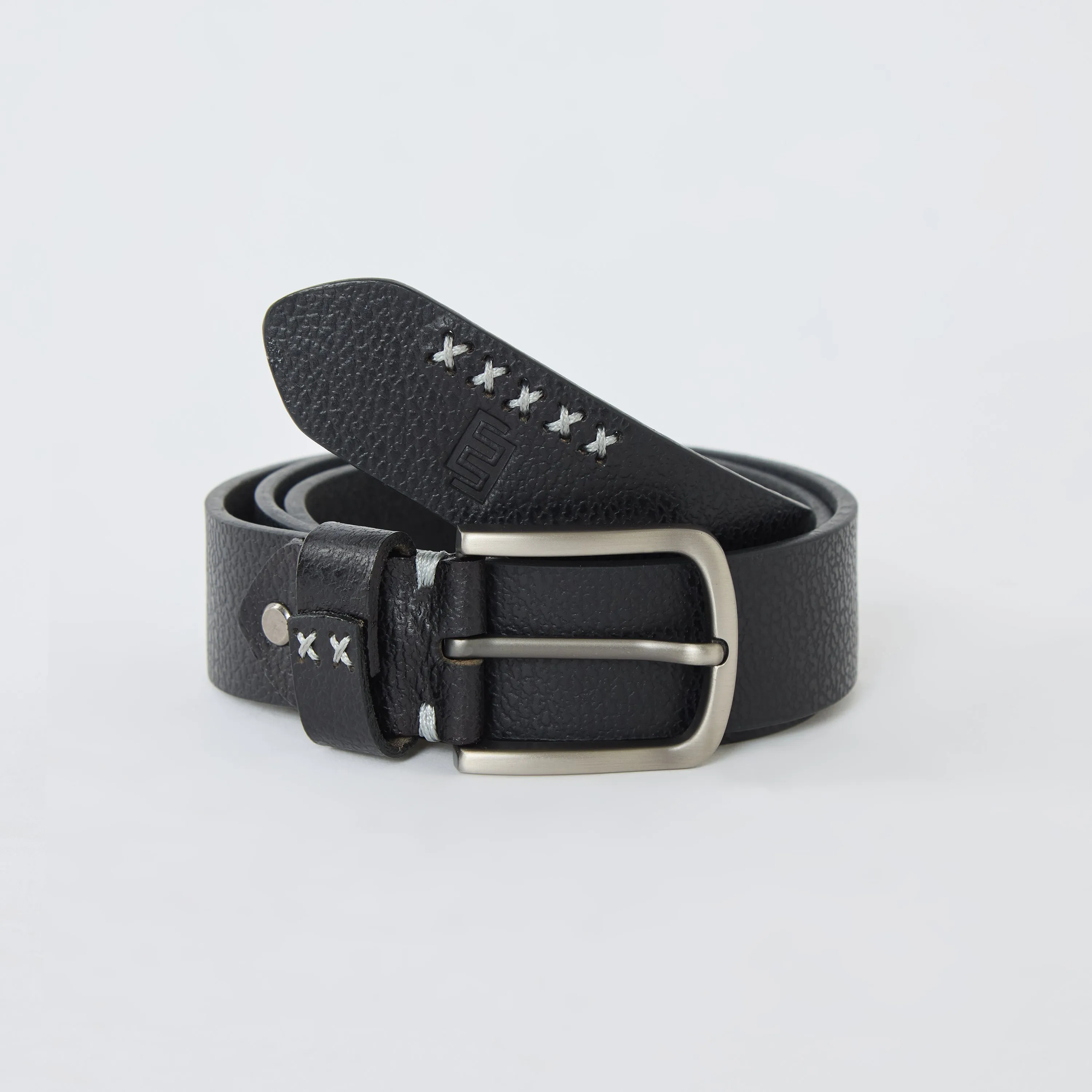 Gray Textured Genuine Leather Belt - Black