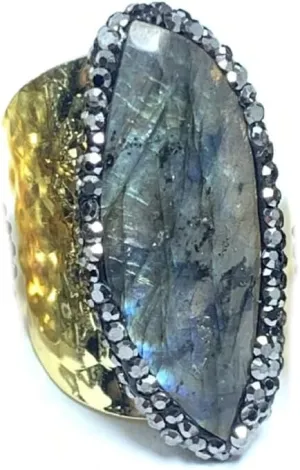 Natural Labradorite Statement Ring for Women Rhinestone Big Thumb Adjustable Open Size Gemstone Dainty Trendy Simple Party Wedding Band Rings Jewelry Gifts