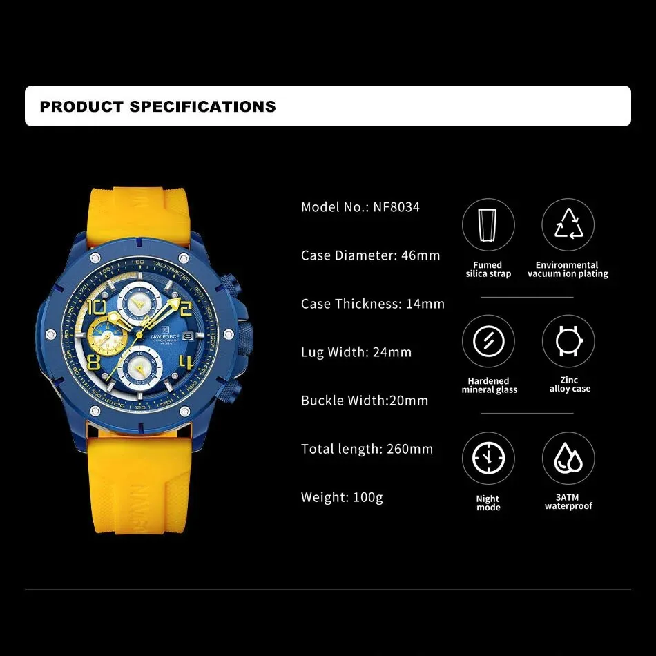 NAVIFORCE 8034 New Fashion Men’s Watch Chronograph Business Quartz Wristwatches Waterproof Luminous Silicone Strap Clock Reloj Hombre
