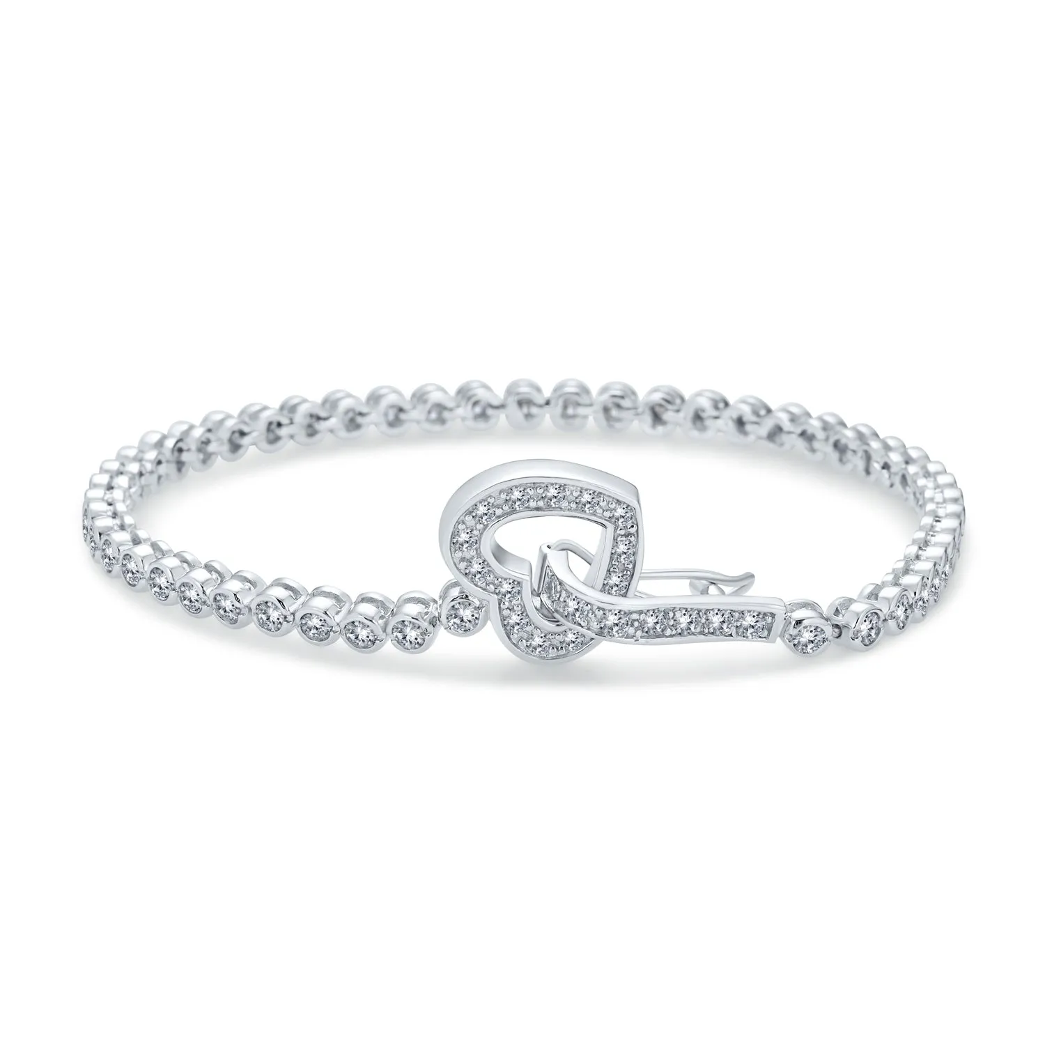 Romantic Bezel Set CZ Cubic Zirconia Tennis Bracelet with Heart Clasp Silver 7.5"
