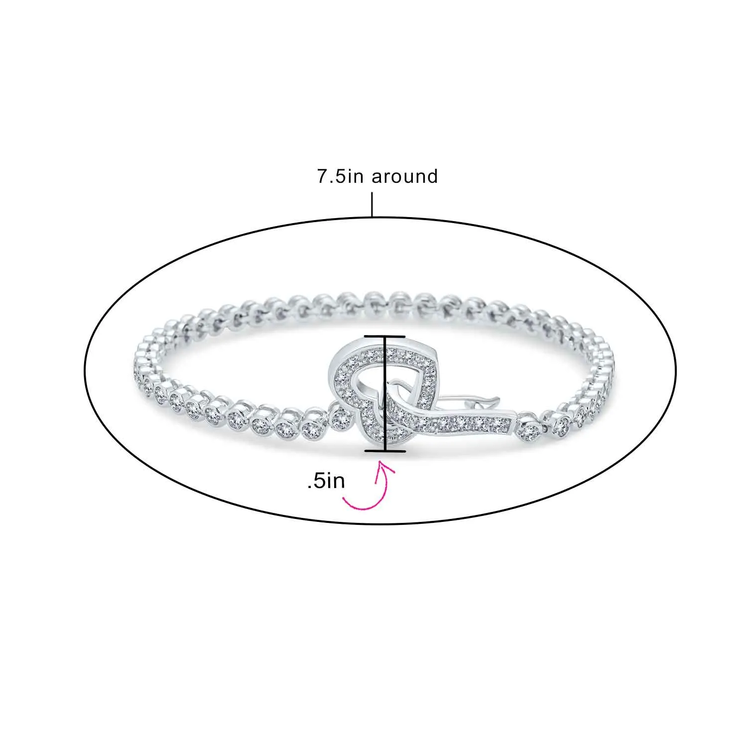 Romantic Bezel Set CZ Cubic Zirconia Tennis Bracelet with Heart Clasp Silver 7.5"