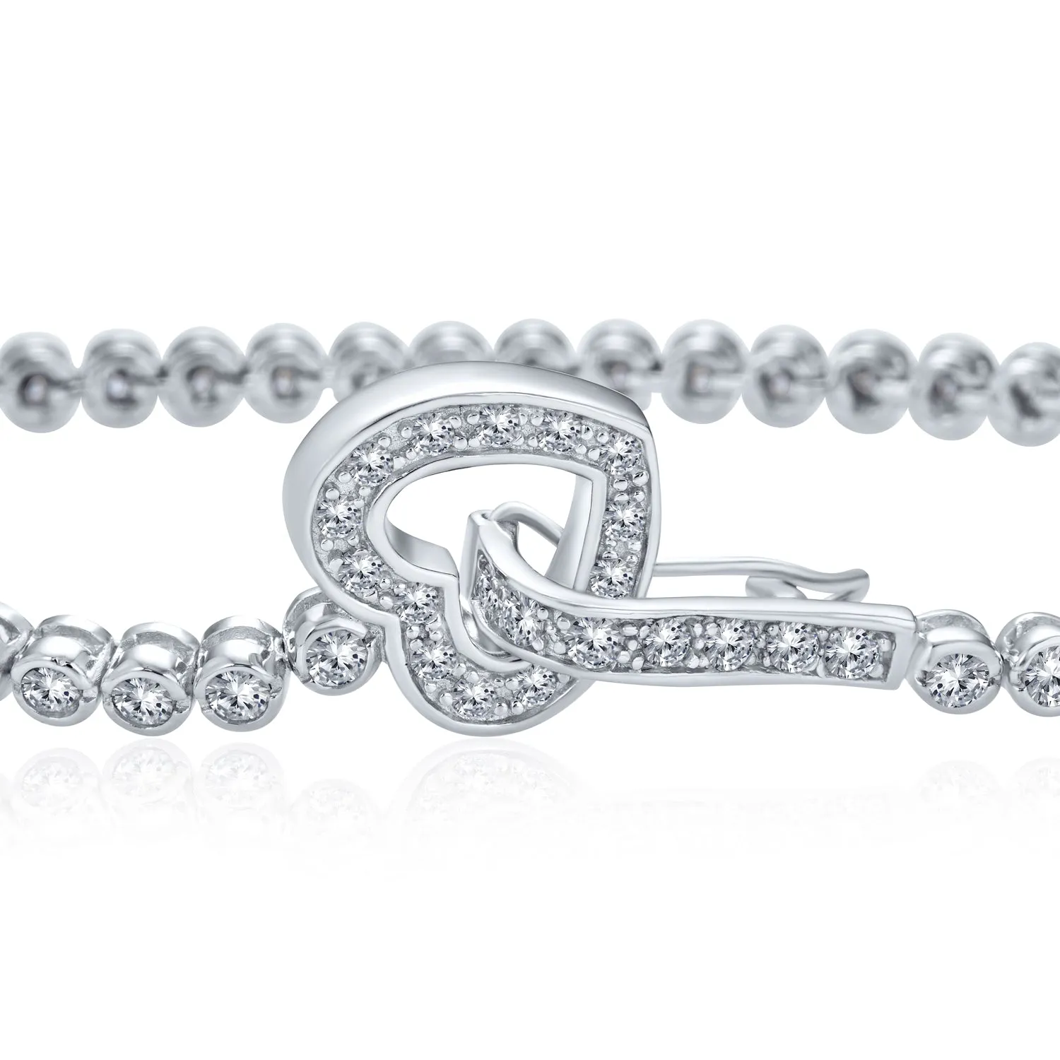 Romantic Bezel Set CZ Cubic Zirconia Tennis Bracelet with Heart Clasp Silver 7.5"