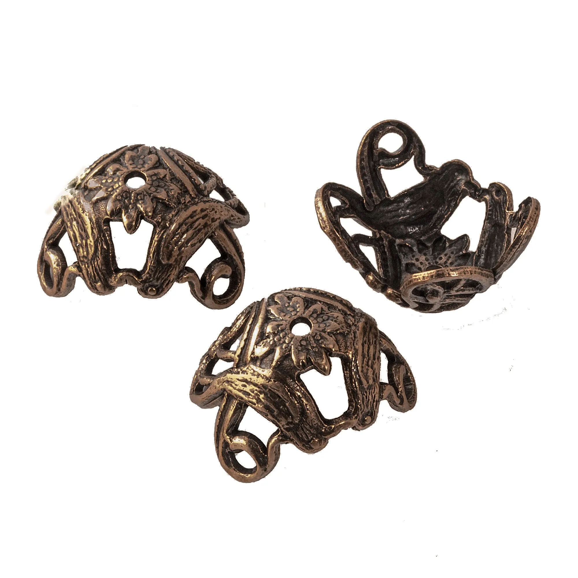 Solid oxidized stamped brass Art Nouveau style lovebird adjustable bead cap 15x10mm outer dimension. Package of 2. b9-0918