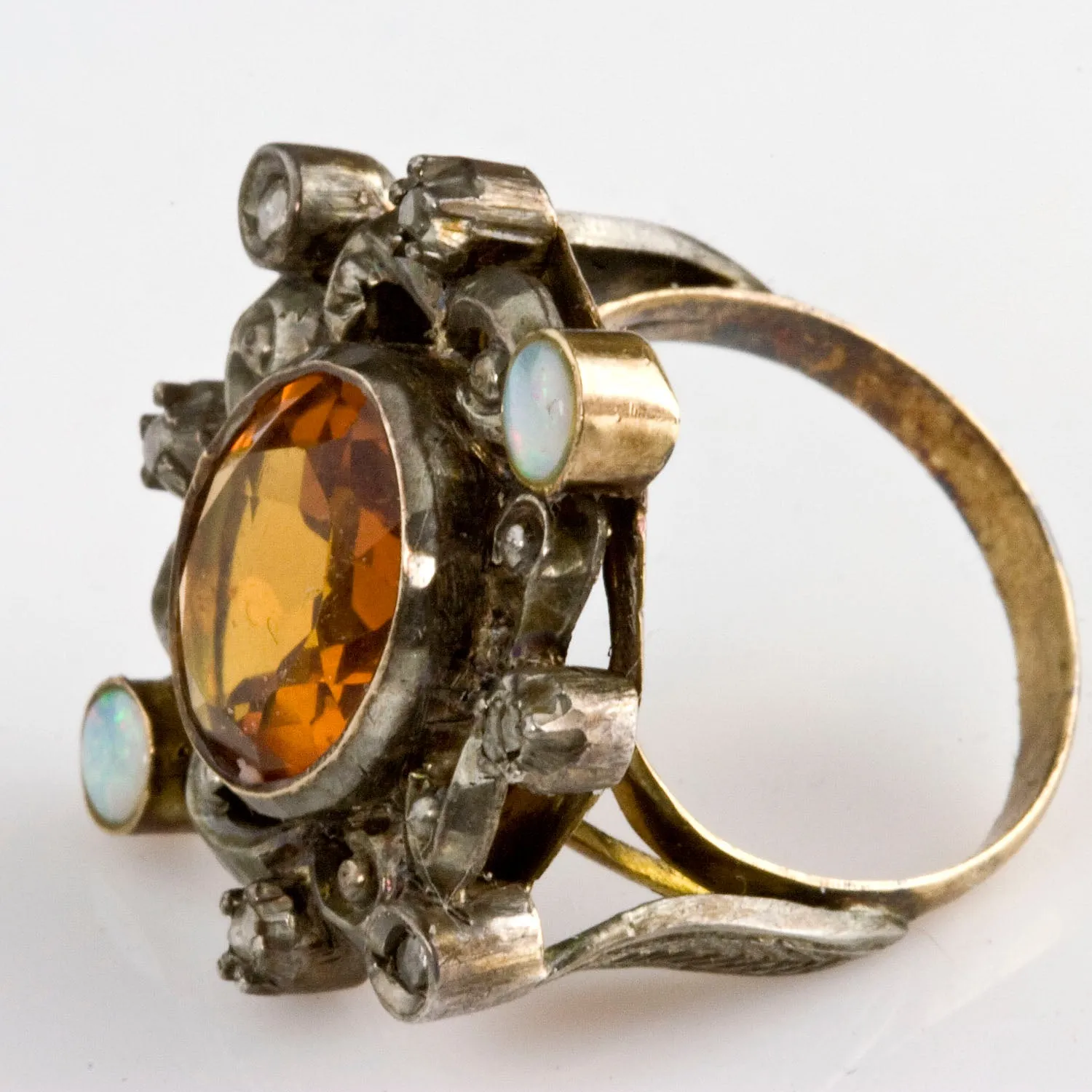 Stunning bold Victorian ring. Citrine, diamonds and white opals set in rose gold and silver. Size 5 3/4. rgvc108e