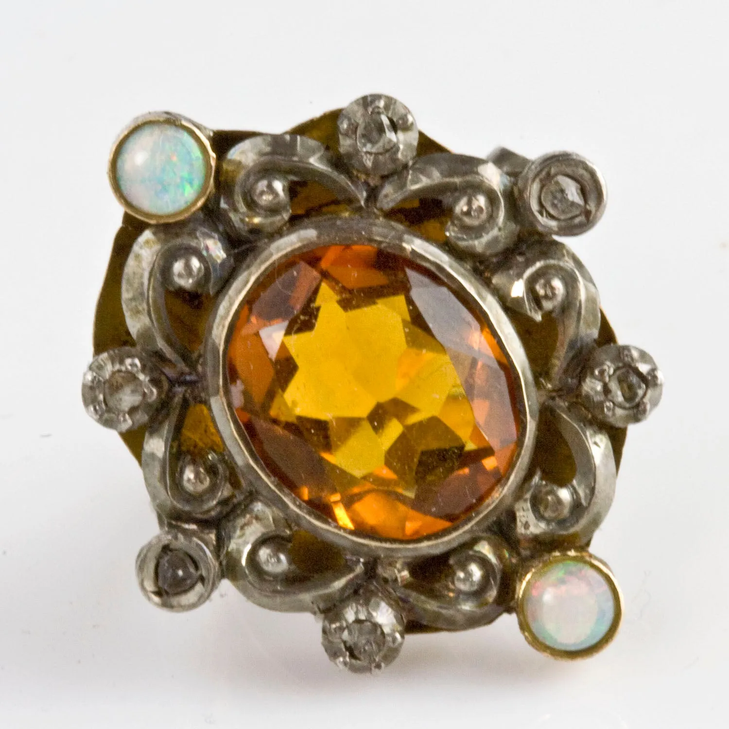 Stunning bold Victorian ring. Citrine, diamonds and white opals set in rose gold and silver. Size 5 3/4. rgvc108e