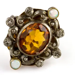 Stunning bold Victorian ring. Citrine, diamonds and white opals set in rose gold and silver. Size 5 3/4. rgvc108e
