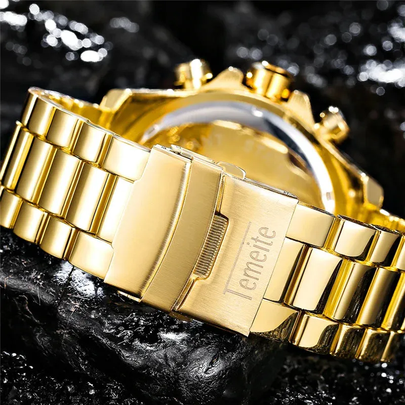 Temeite Golden Luxury Brand Men Watches Fashion Blue Face Waterproof Stainless Steel Watch Big Size Male Quartz Clock Wristwatch
