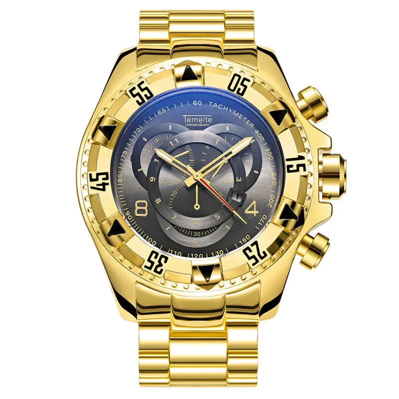 Temeite Golden Luxury Brand Men Watches Fashion Blue Face Waterproof Stainless Steel Watch Big Size Male Quartz Clock Wristwatch