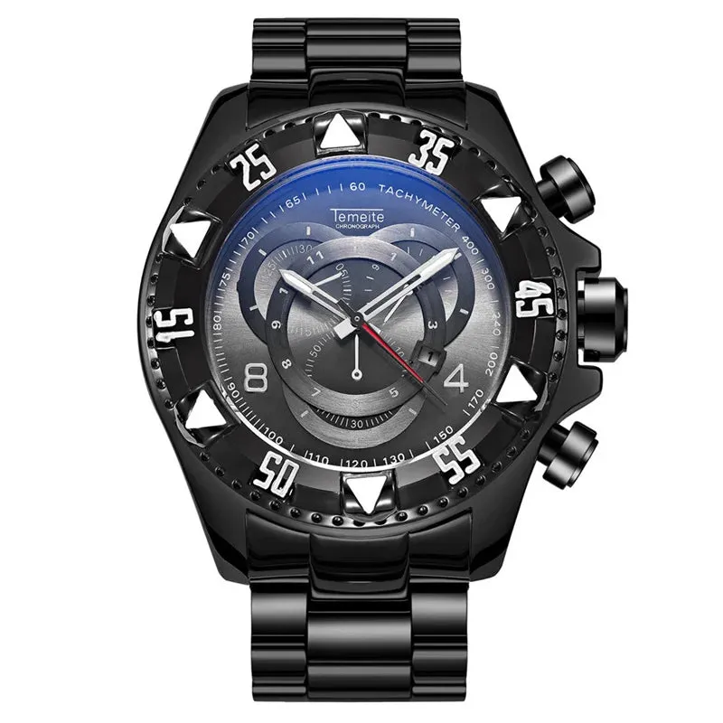 Temeite Golden Luxury Brand Men Watches Fashion Blue Face Waterproof Stainless Steel Watch Big Size Male Quartz Clock Wristwatch