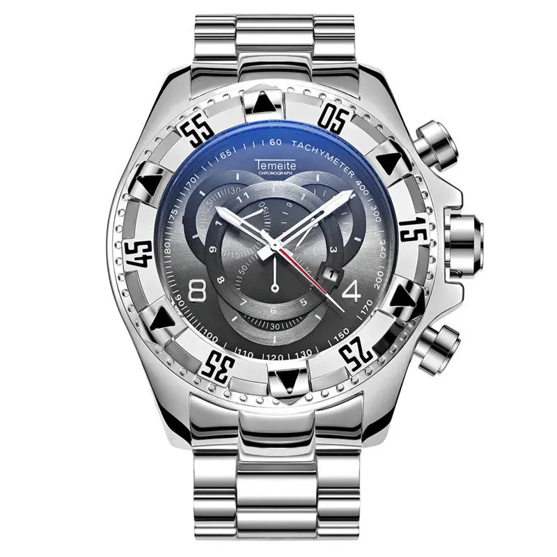 Temeite Golden Luxury Brand Men Watches Fashion Blue Face Waterproof Stainless Steel Watch Big Size Male Quartz Clock Wristwatch