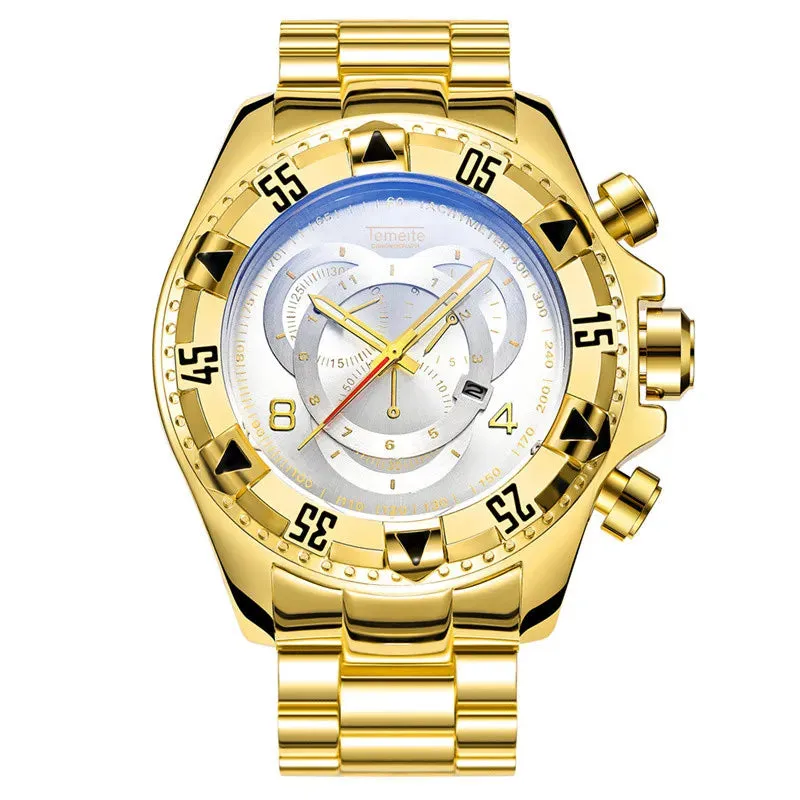 Temeite Golden Luxury Brand Men Watches Fashion Blue Face Waterproof Stainless Steel Watch Big Size Male Quartz Clock Wristwatch