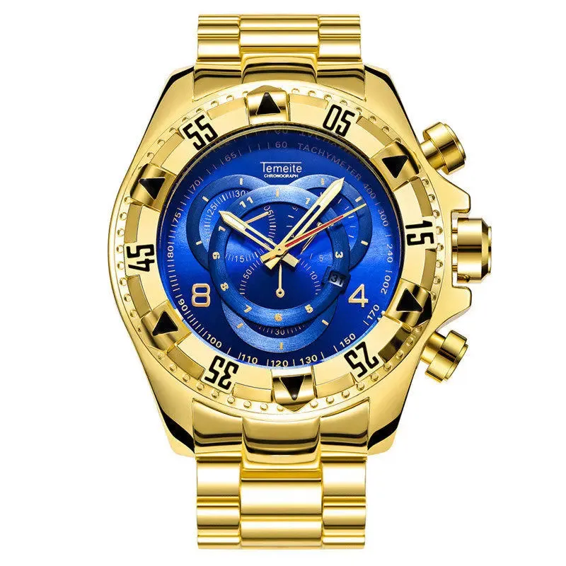 Temeite Golden Luxury Brand Men Watches Fashion Blue Face Waterproof Stainless Steel Watch Big Size Male Quartz Clock Wristwatch