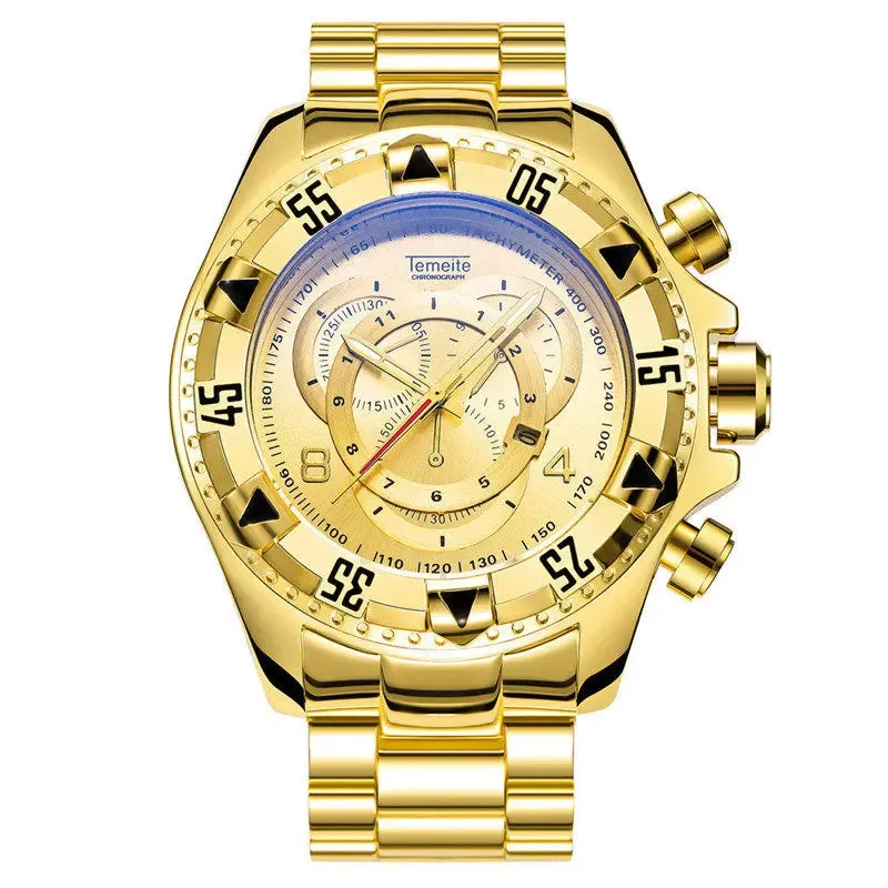 Temeite Golden Luxury Brand Men Watches Fashion Blue Face Waterproof Stainless Steel Watch Big Size Male Quartz Clock Wristwatch