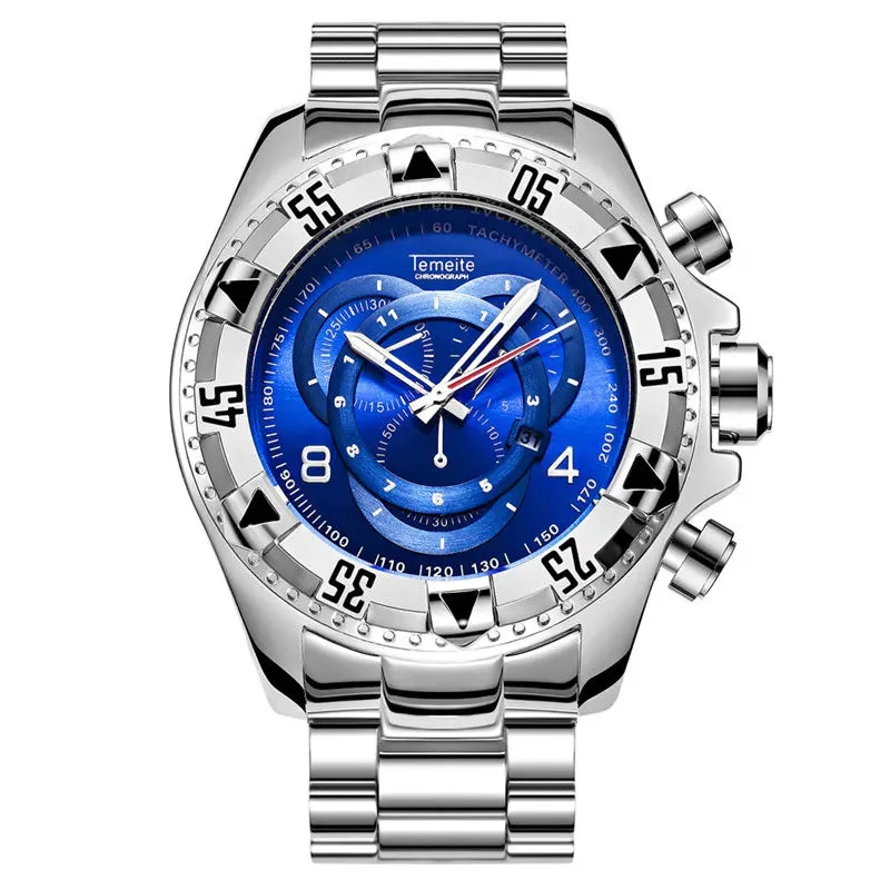 Temeite Golden Luxury Brand Men Watches Fashion Blue Face Waterproof Stainless Steel Watch Big Size Male Quartz Clock Wristwatch