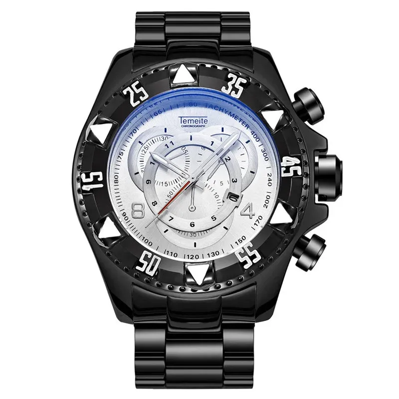 Temeite Golden Luxury Brand Men Watches Fashion Blue Face Waterproof Stainless Steel Watch Big Size Male Quartz Clock Wristwatch