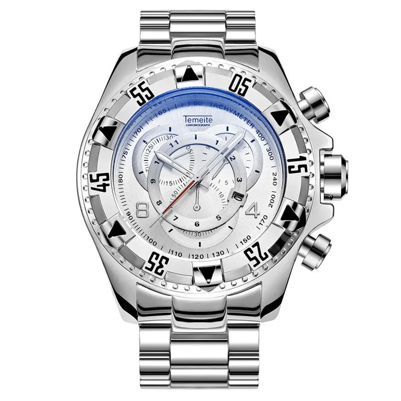 Temeite Golden Luxury Brand Men Watches Fashion Blue Face Waterproof Stainless Steel Watch Big Size Male Quartz Clock Wristwatch
