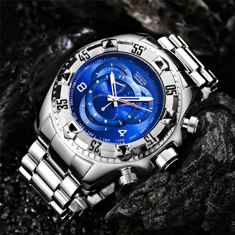 Temeite Golden Luxury Brand Men Watches Fashion Blue Face Waterproof Stainless Steel Watch Big Size Male Quartz Clock Wristwatch