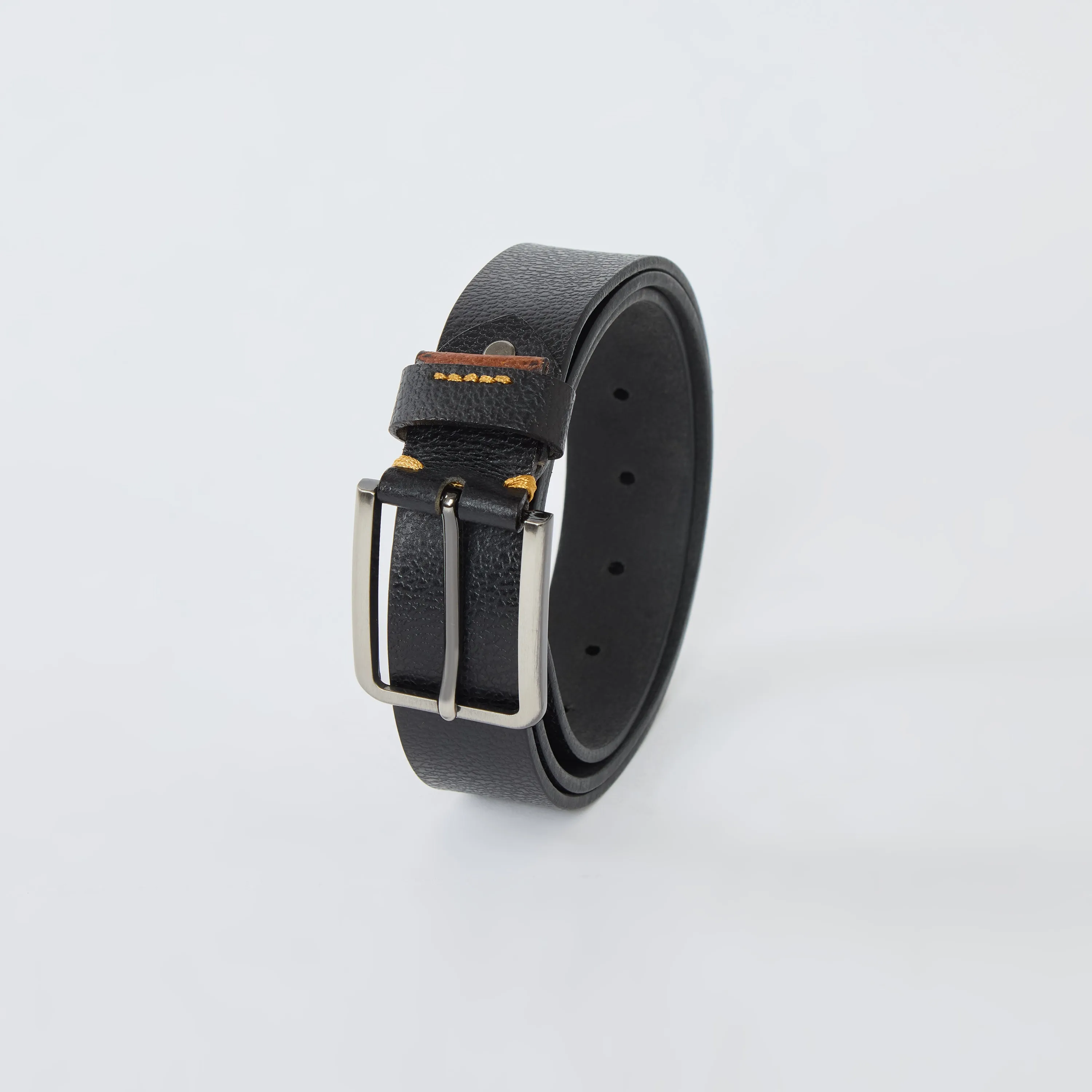 Yellow Textured Genuine Leather Belt - Black