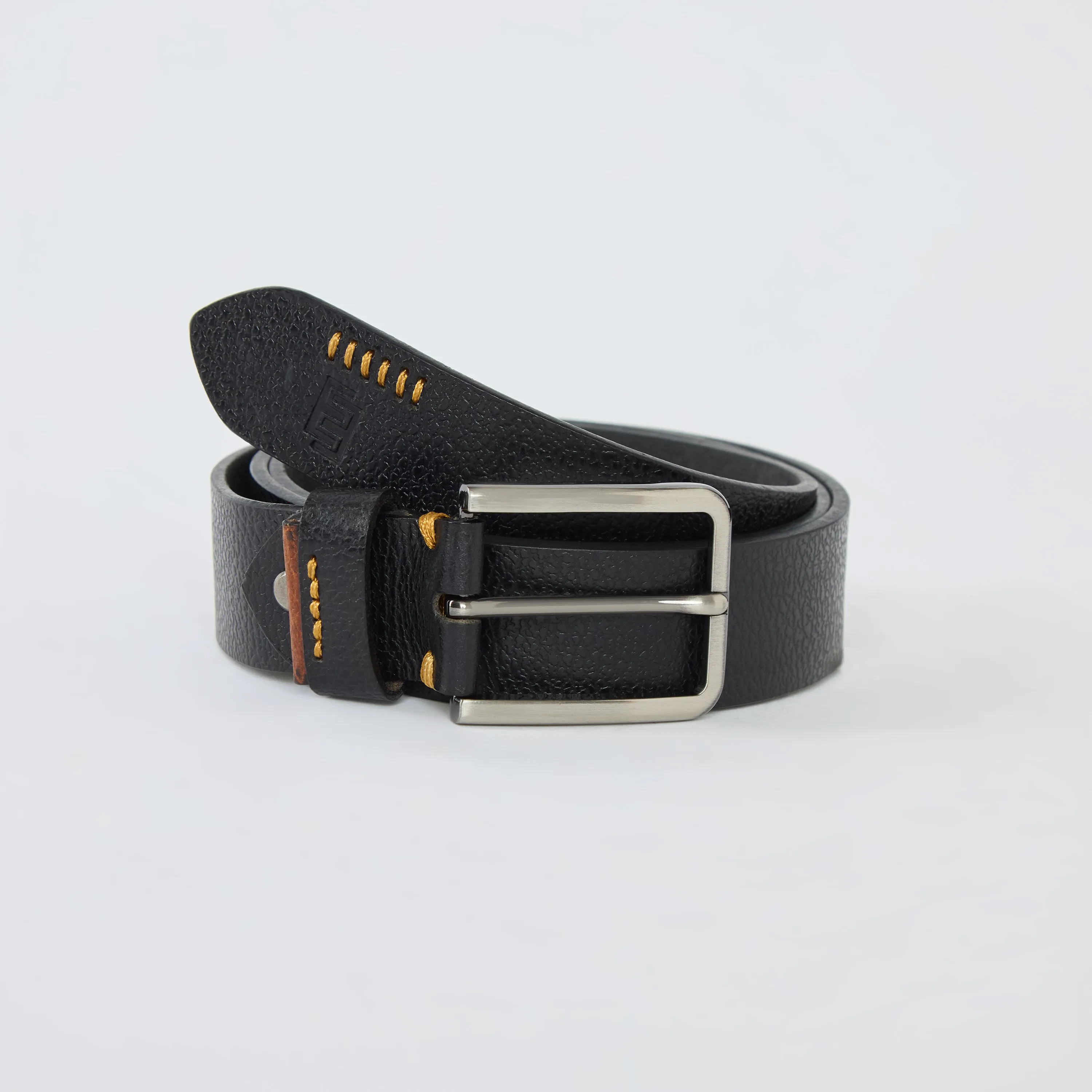 Yellow Textured Genuine Leather Belt - Black